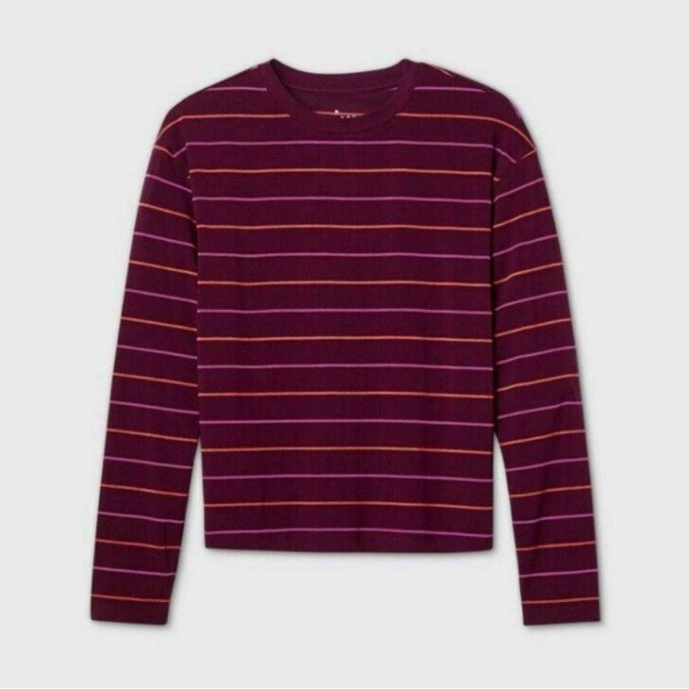 A New Day Burgundy Stripe Basic Long Sleeve Tee Shirt